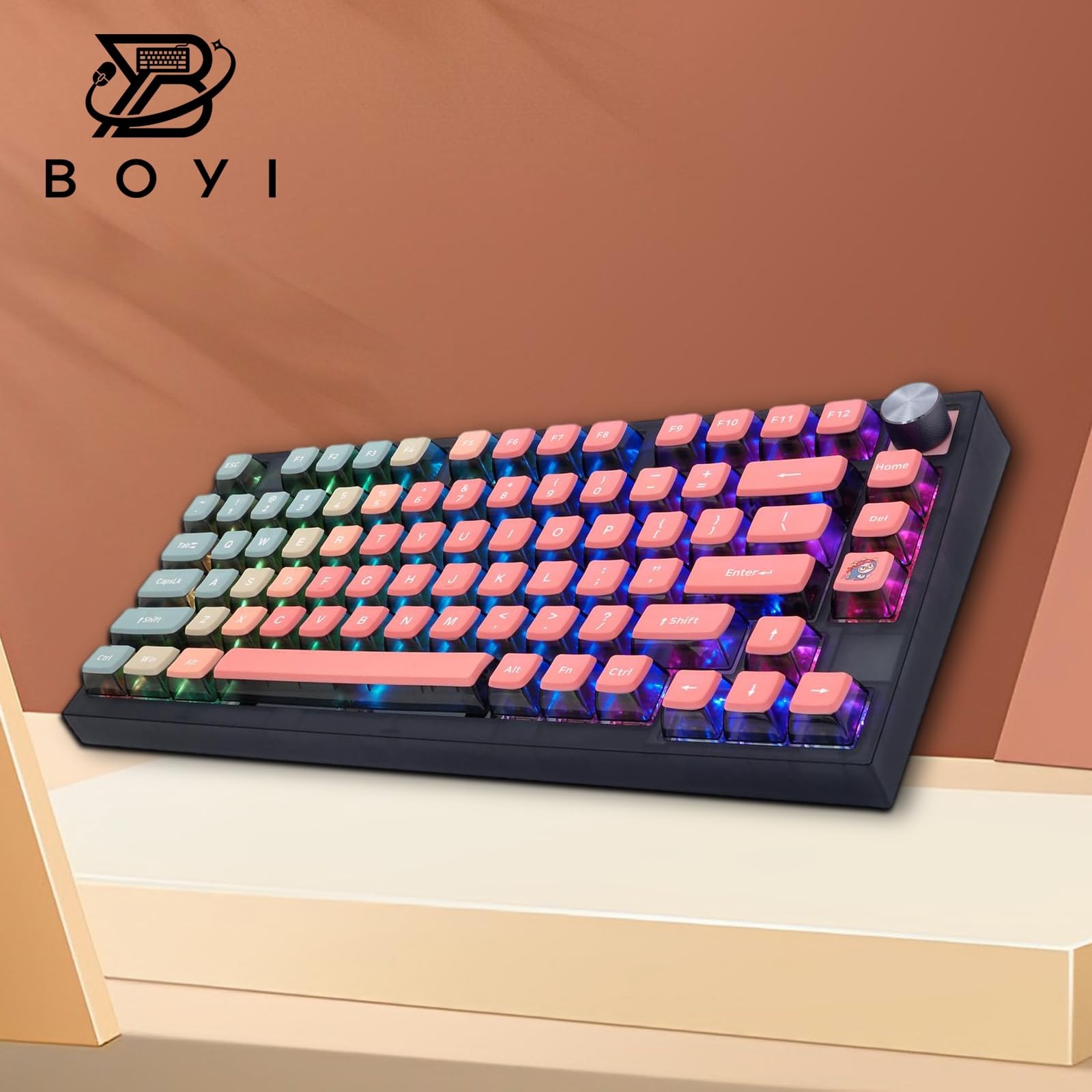 Pink Theme 80 Keys Tri-Mode Keyboard with Knob